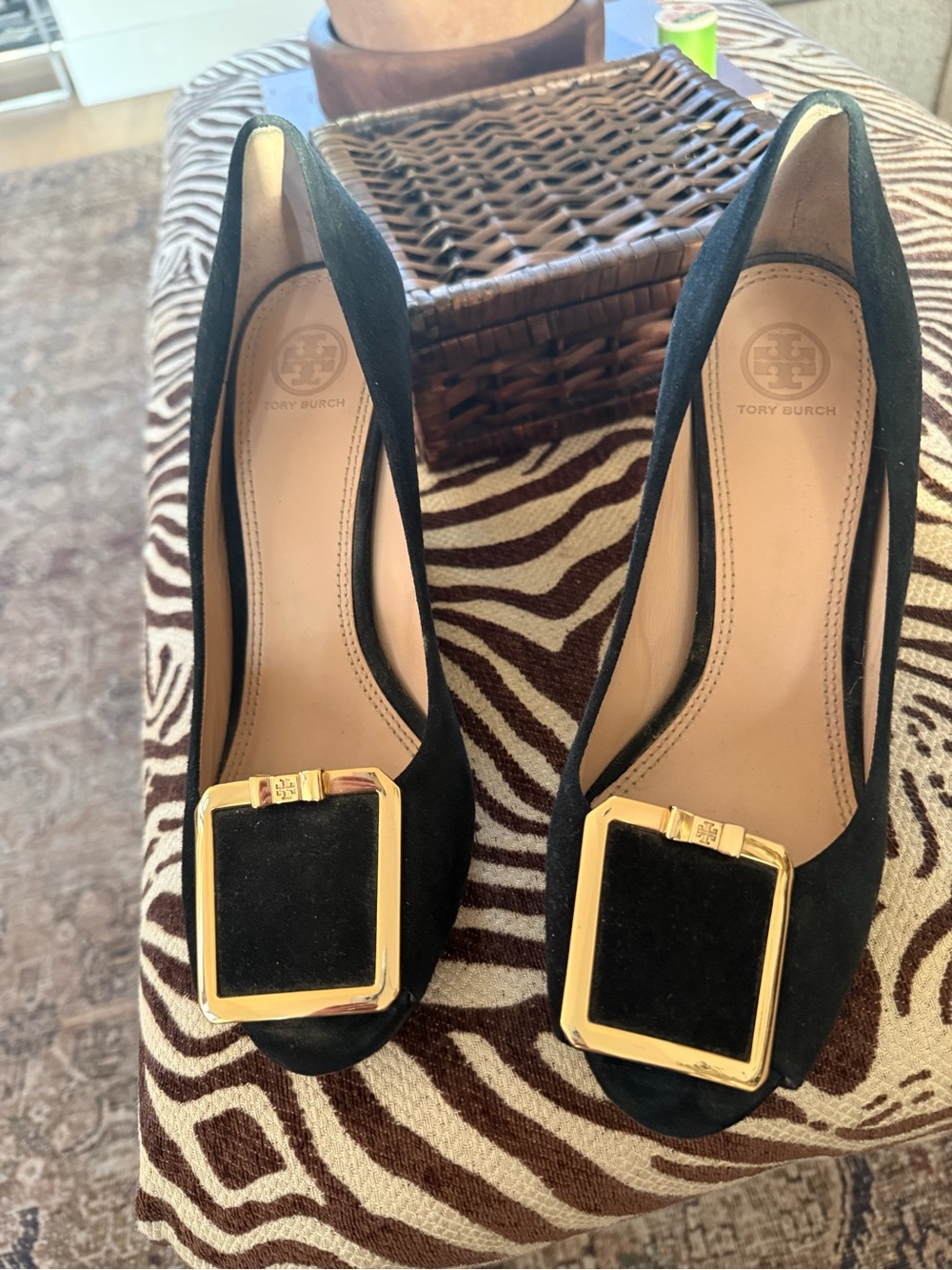 Tory Burch Black Suede Wedge Pumps with Gold Buckle 9.5 Gently Used